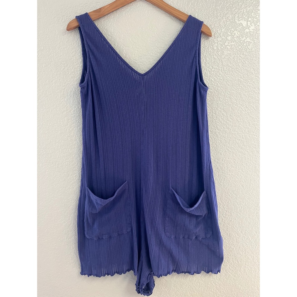 Pact Organic Cotton Pointelle Rib Knit Romper Purple V-Neck Pocket Medium